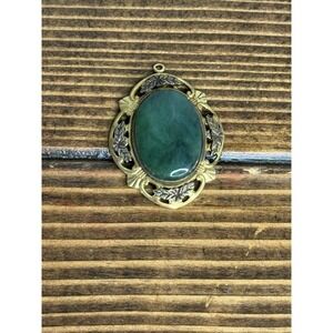 Vintage Pendant Green Natural Stone Gold signed 12k 1/20 GF LSP, Art Nouveau